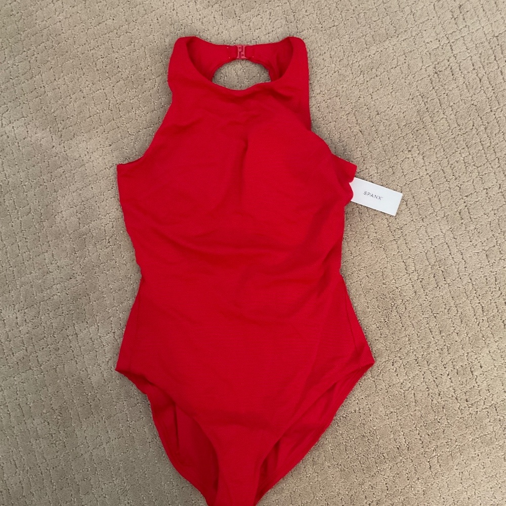 SPANXshape™ Pique High-Neck One-Piece Swimsuit, size Large, red. NWT